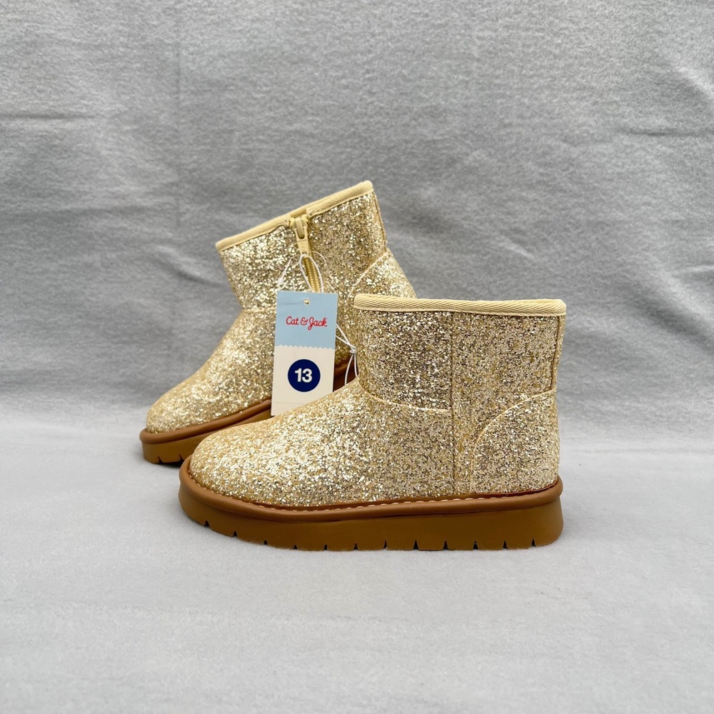 Cat & Jack Girls Gold Glitter Faux Fur Lined Honor Ankle Boots Size 13 NWT